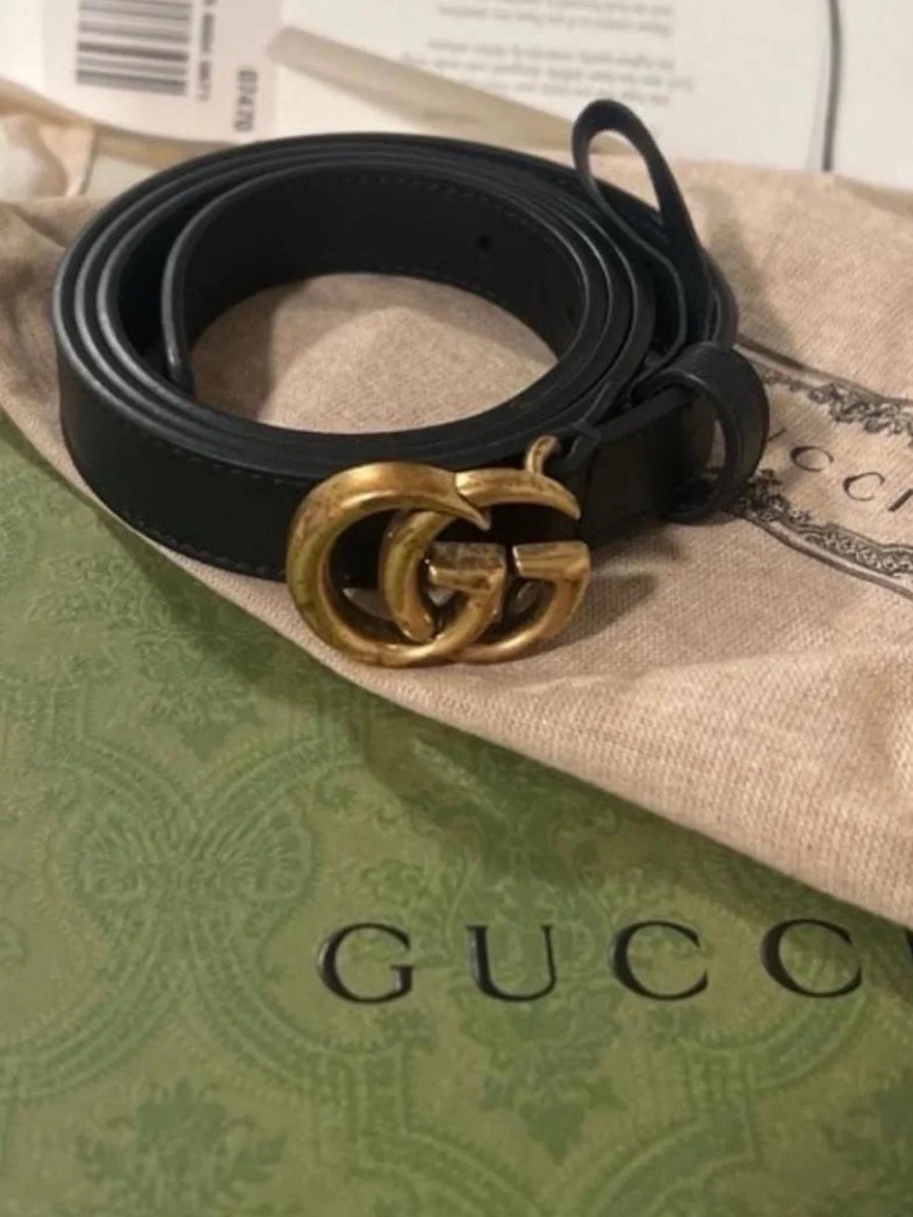Gucci Black Leather Belt with Antique Gold Double G Buckle
